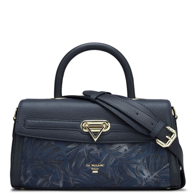 Small Floral Wax Leather Satchel - Navy Blue