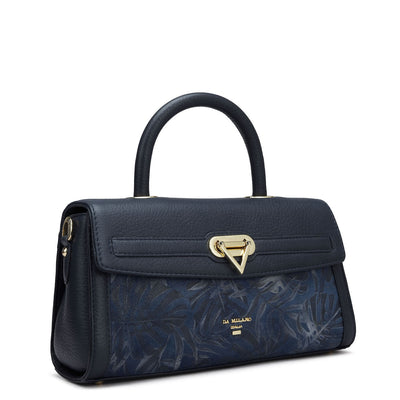 Small Floral Wax Leather Satchel - Navy Blue