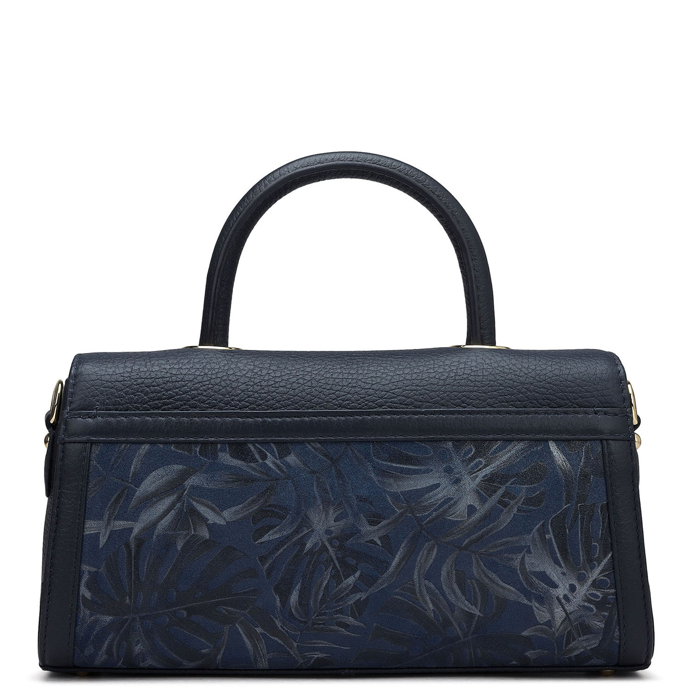 Small Floral Wax Leather Satchel - Navy Blue