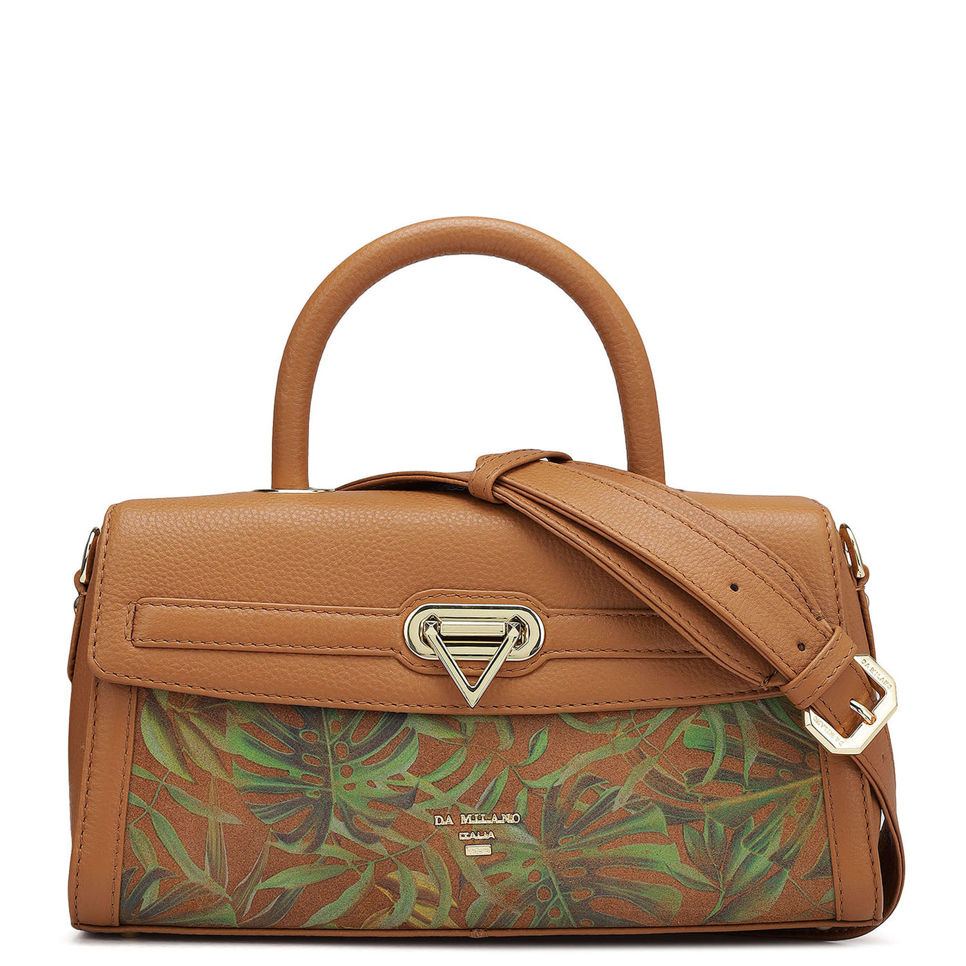 Small Floral Wax Leather Satchel - Tan