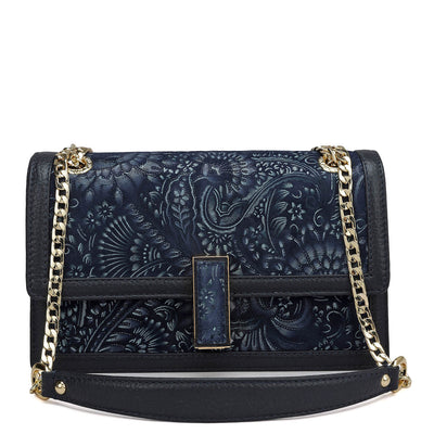 Small Floral Wax Leather Shoulder Bag - Blue