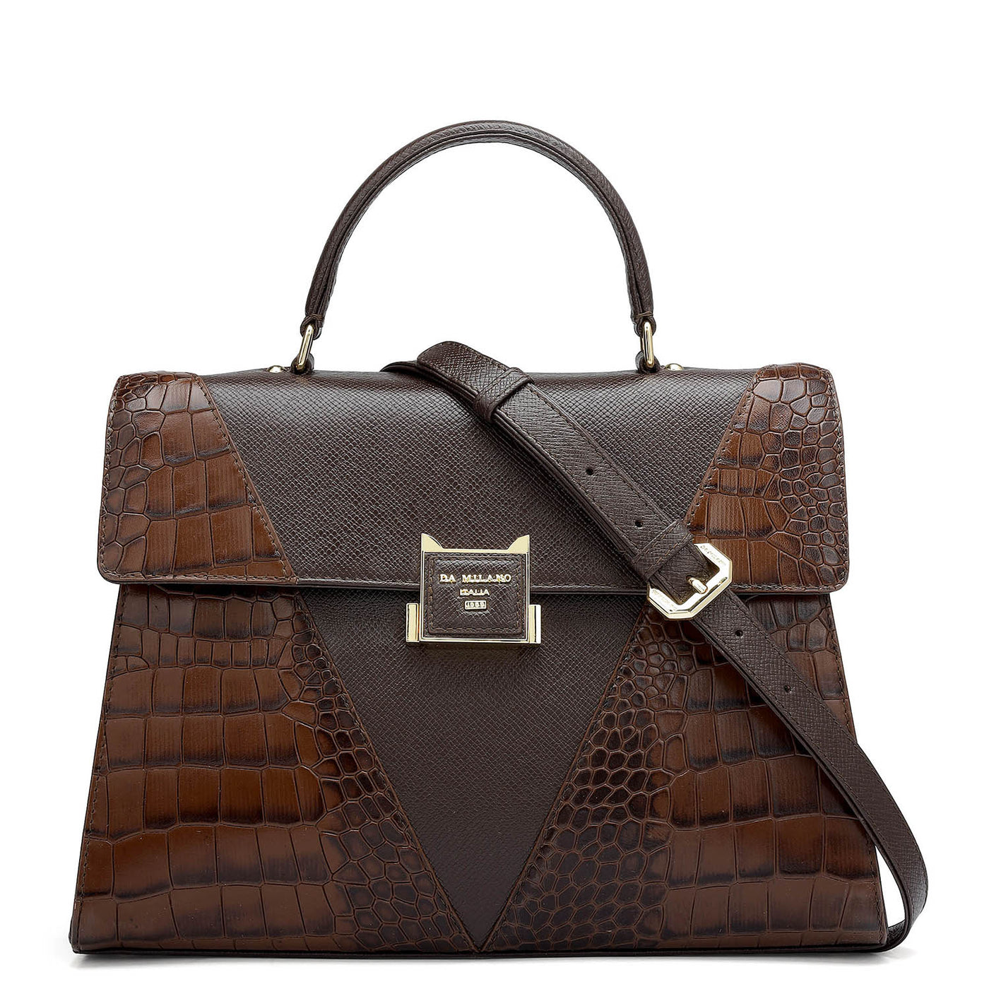 Medium Croco Franzy Leather Satchel - Brown