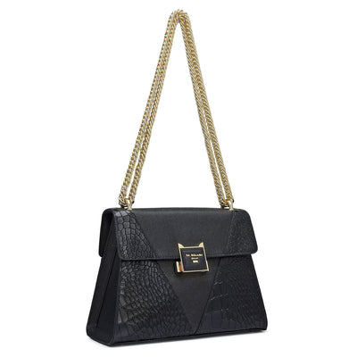 Small Croco Franzy Leather Shoulder Bag - Black