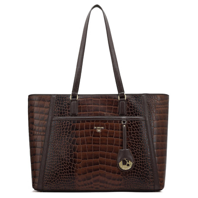 Large Croco Leather Tote - Brown