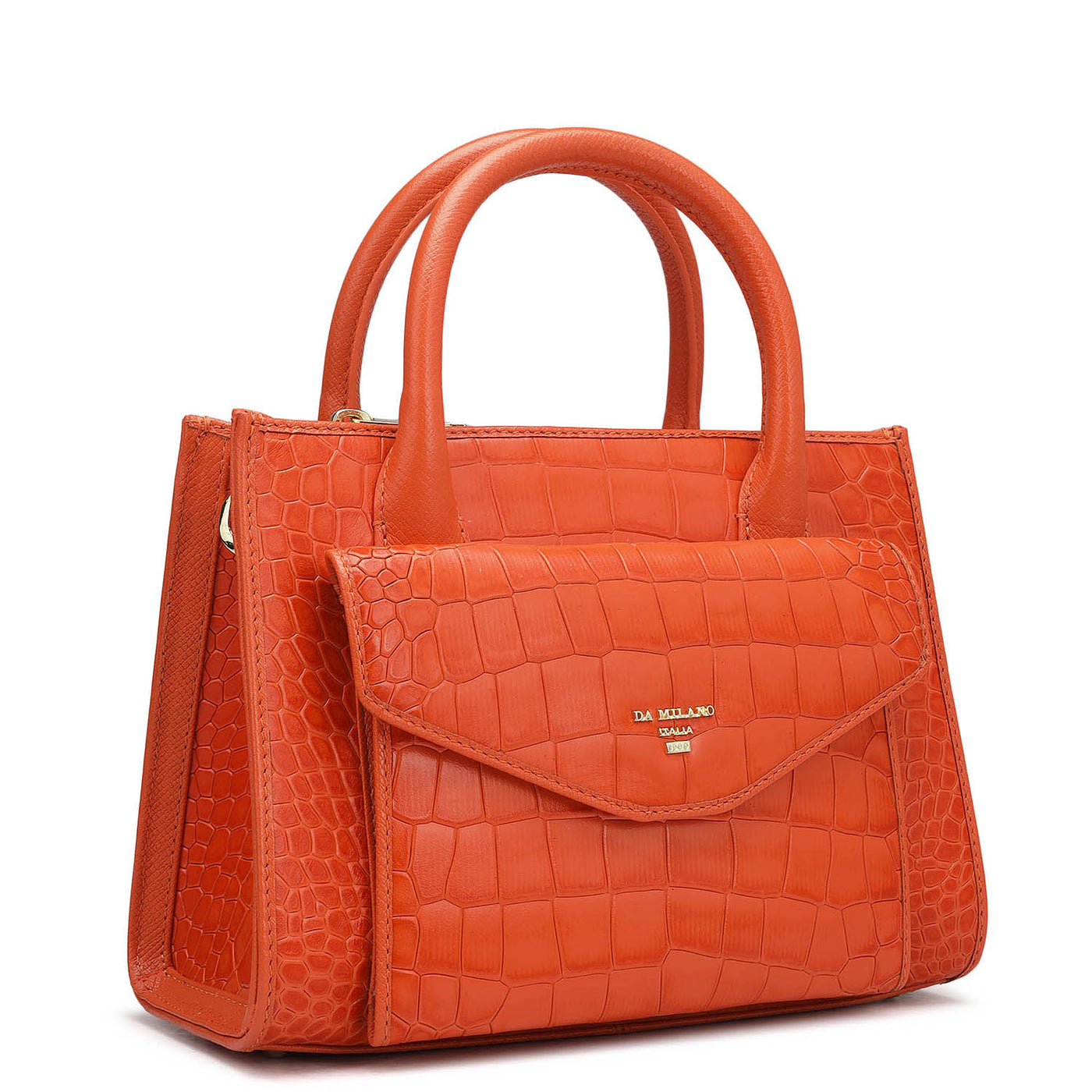 Small Croco Leather Satchel - Pumpkin