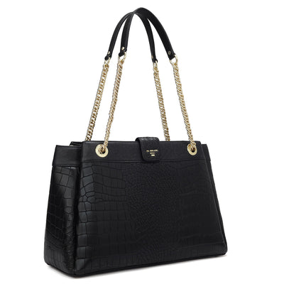 Medium Croco Leather Shoulder Bag - Black