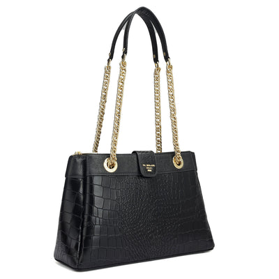 Small Croco Leather Shoulder Bag - Black