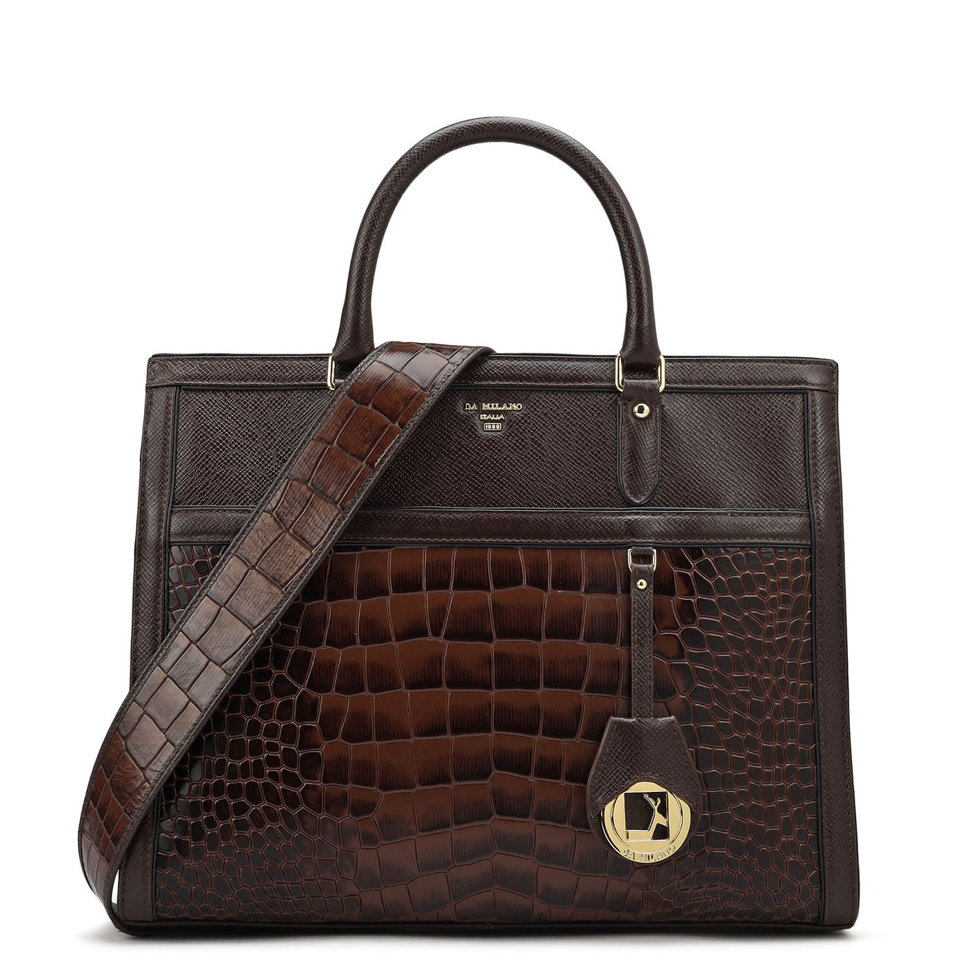 Medium Croco Leather Book Tote - Brown