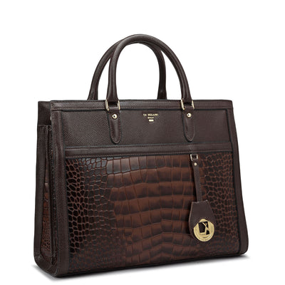 Medium Croco Leather Book Tote - Brown