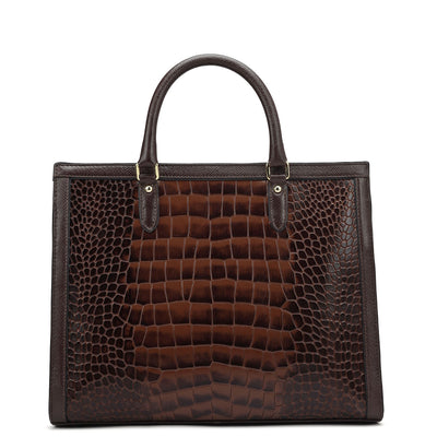 Medium Croco Leather Book Tote - Brown