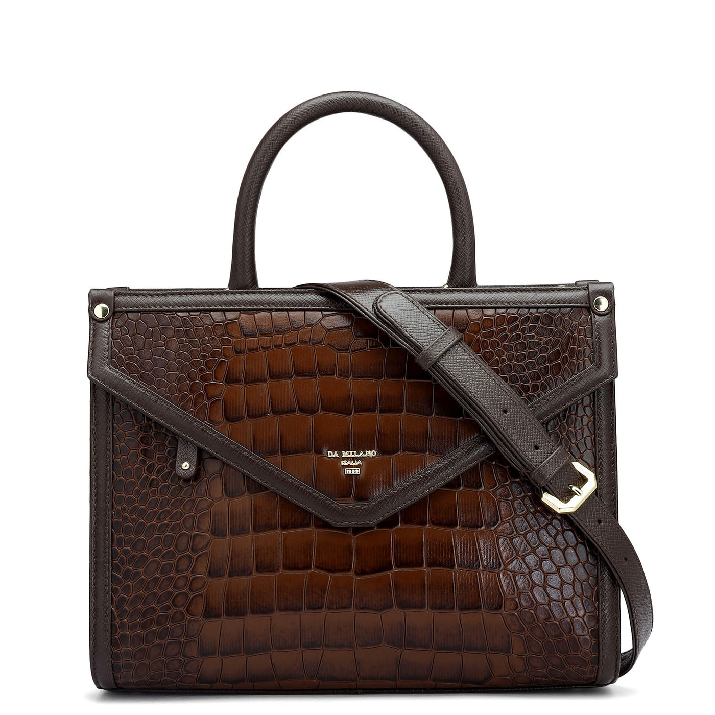 Medium Croco Leather Satchel - Brown