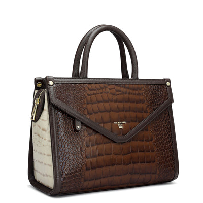 Medium Croco Leather Satchel - Brown