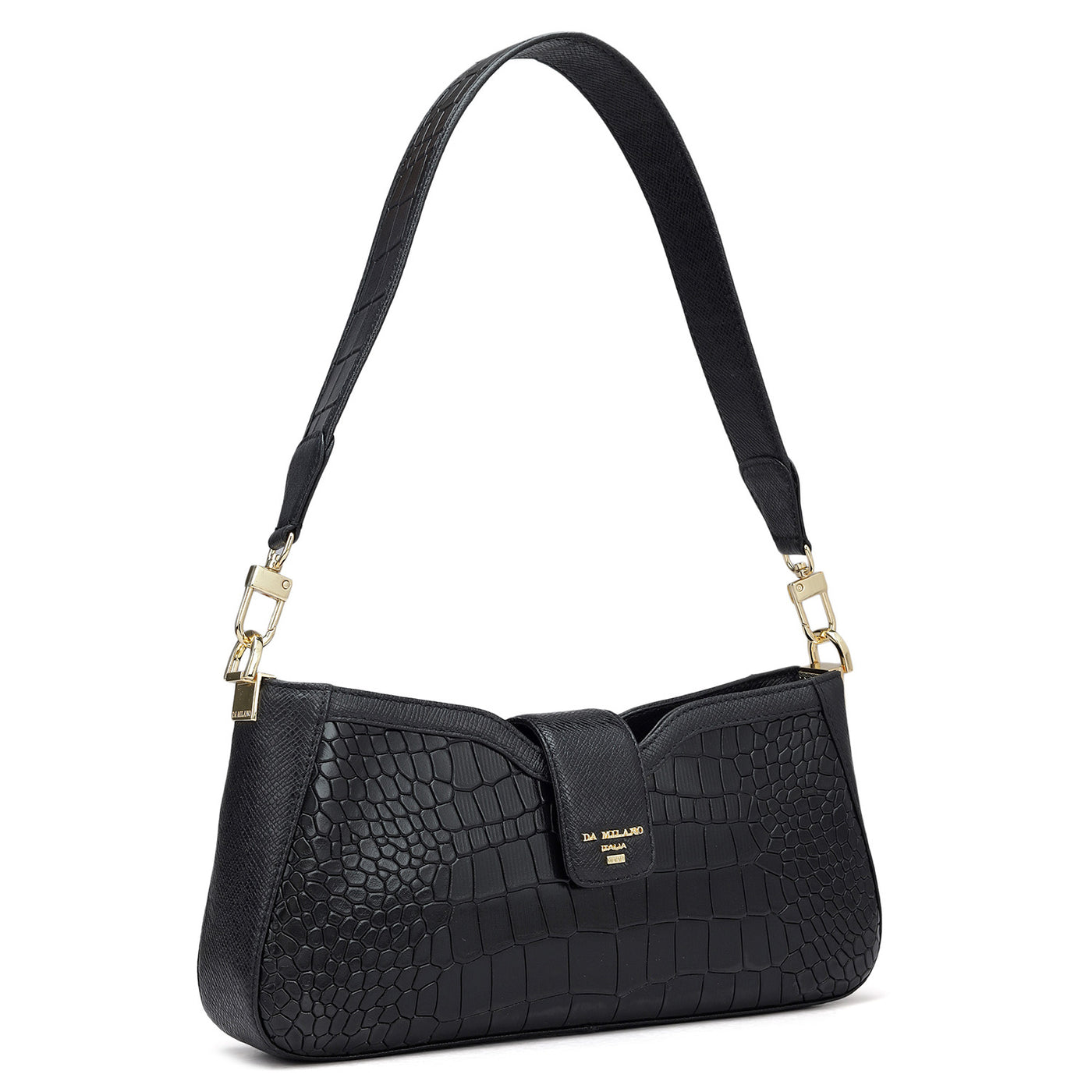 Small Croco Leather Baguette - Black