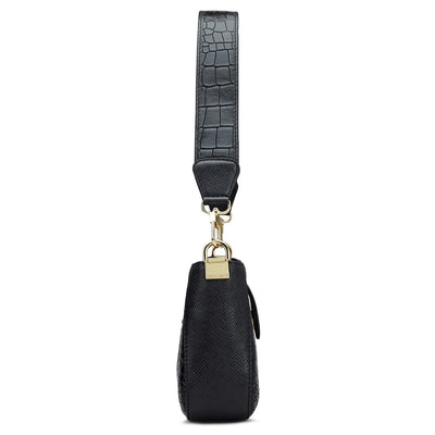 Small Croco Leather Baguette - Black