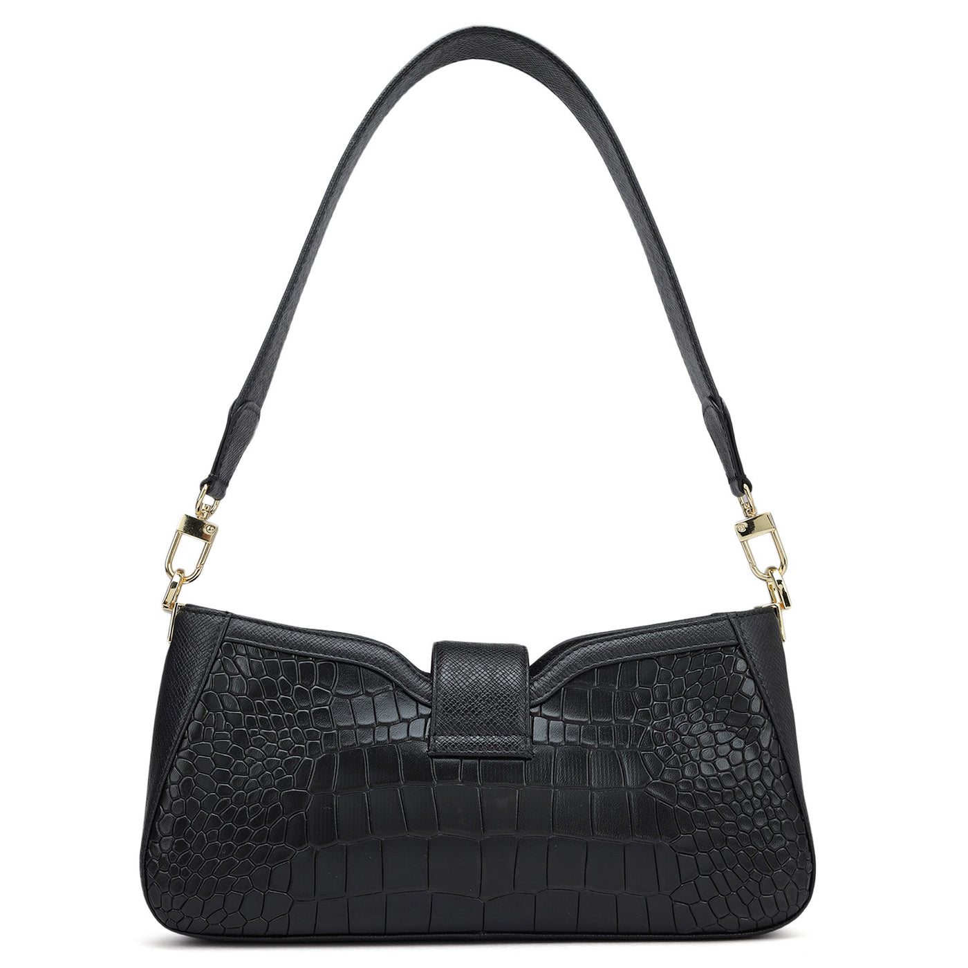 Small Croco Leather Baguette - Black