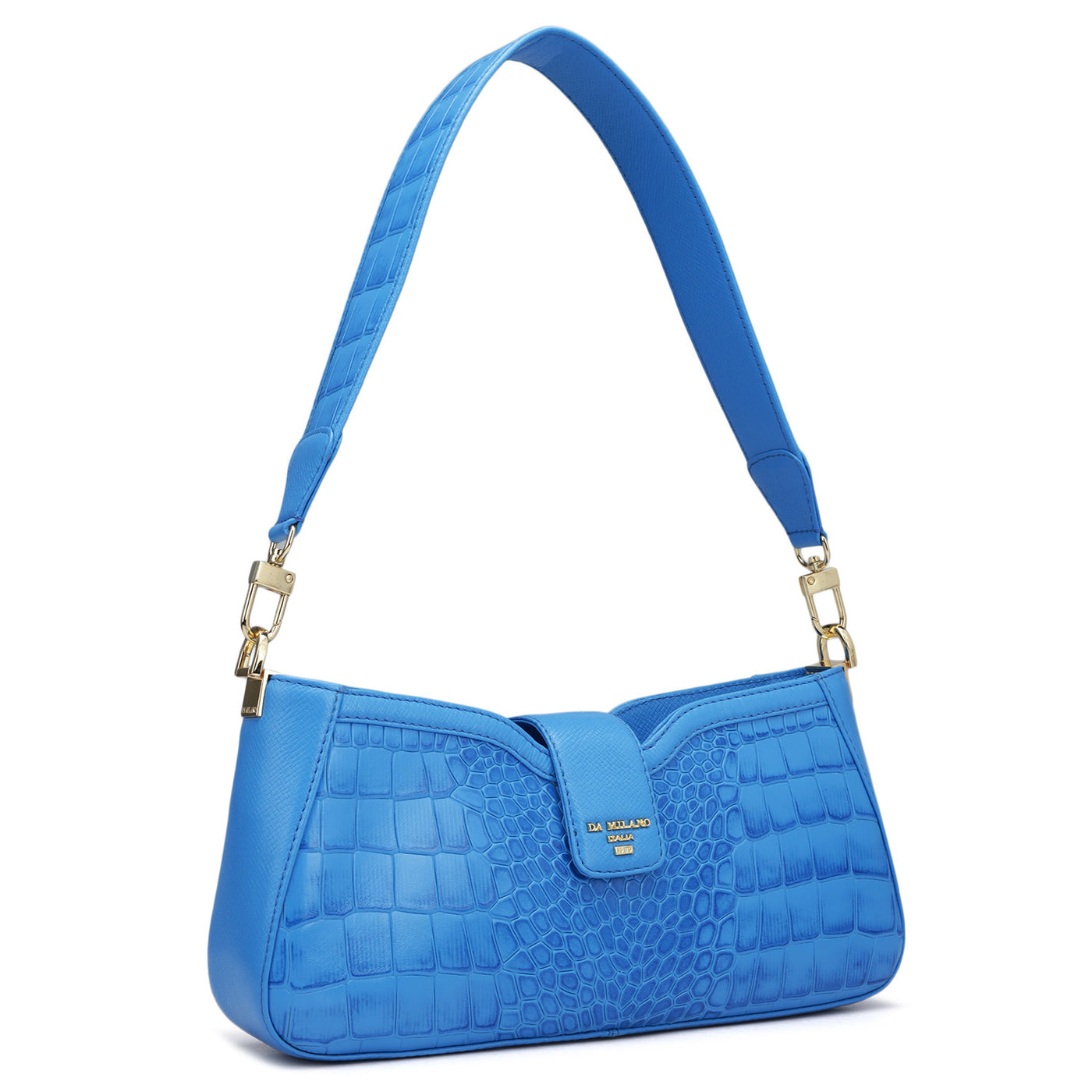 Small Croco Leather Baguette - Blue