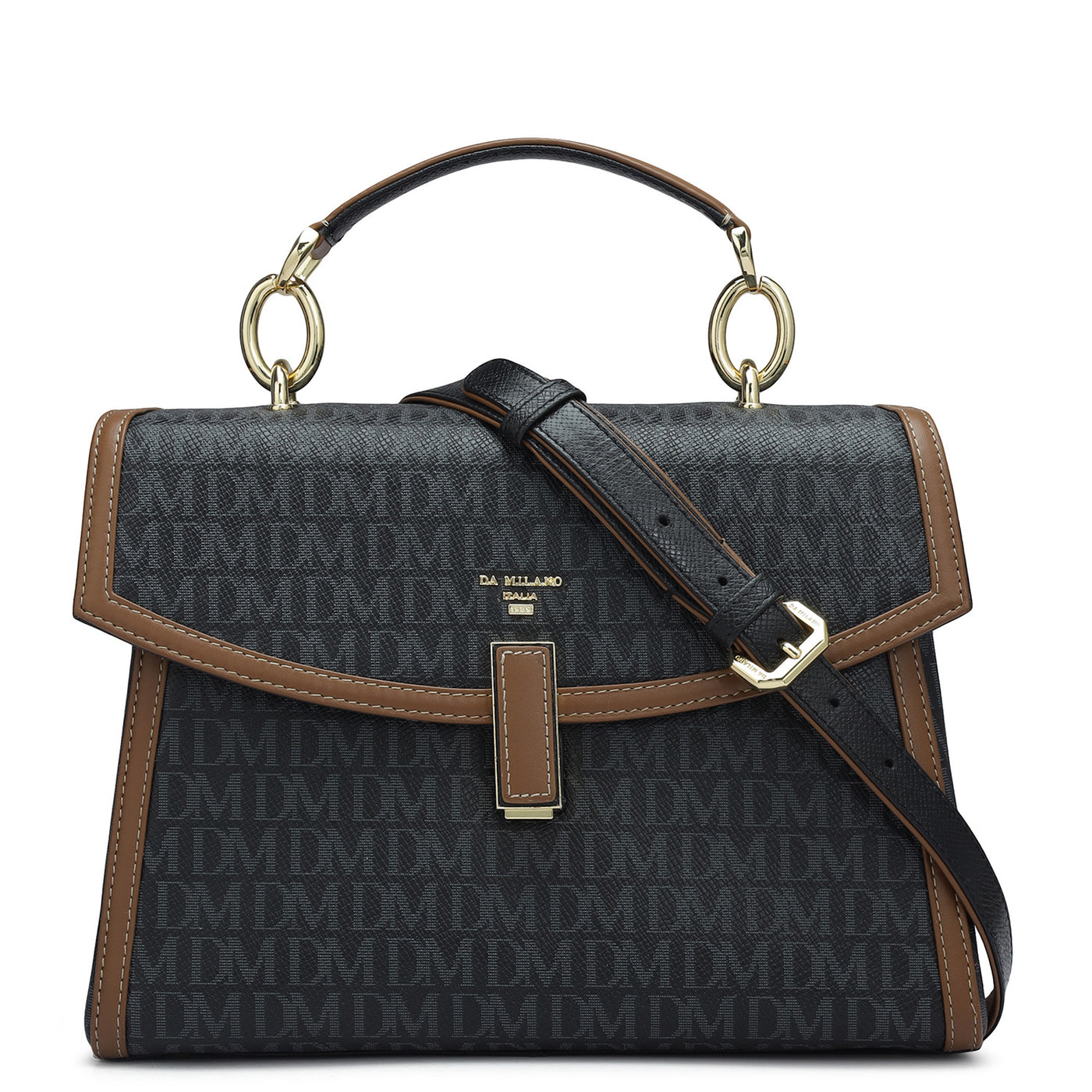 Medium Monogram Leather Satchel - Black