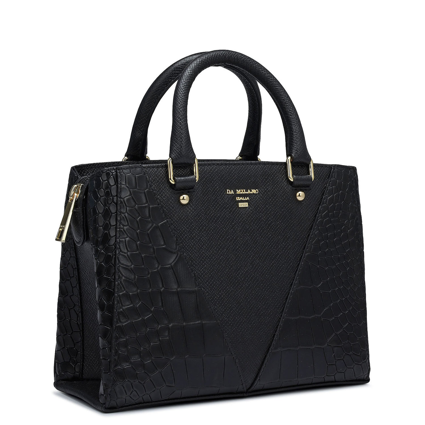 Small Croco Franzy Leather Satchel - Black