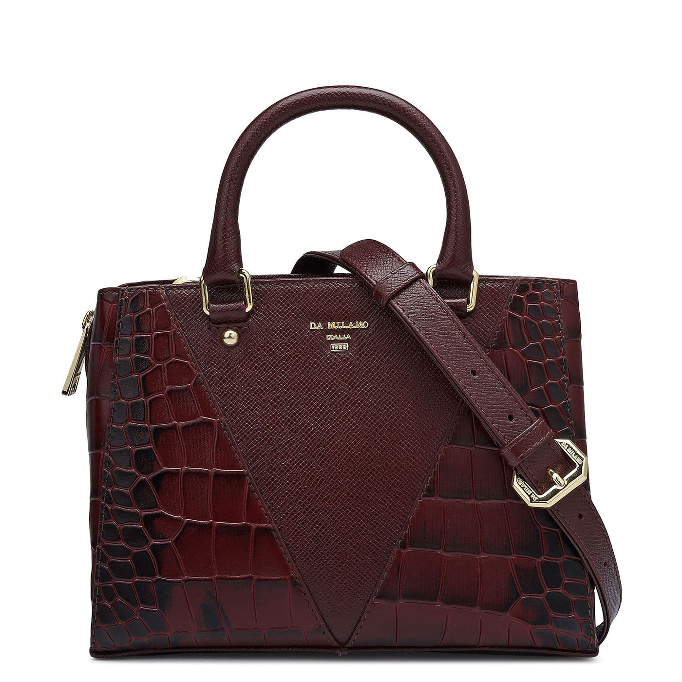 Small Croco Franzy Leather Satchel - Wine