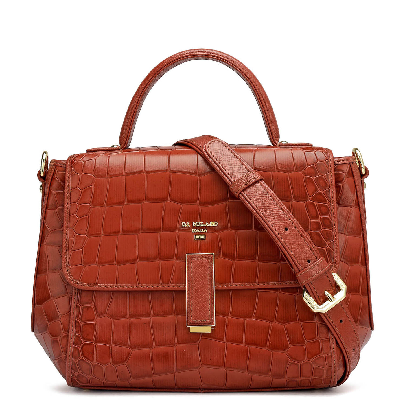 Small Croco Leather Satchel - Brick