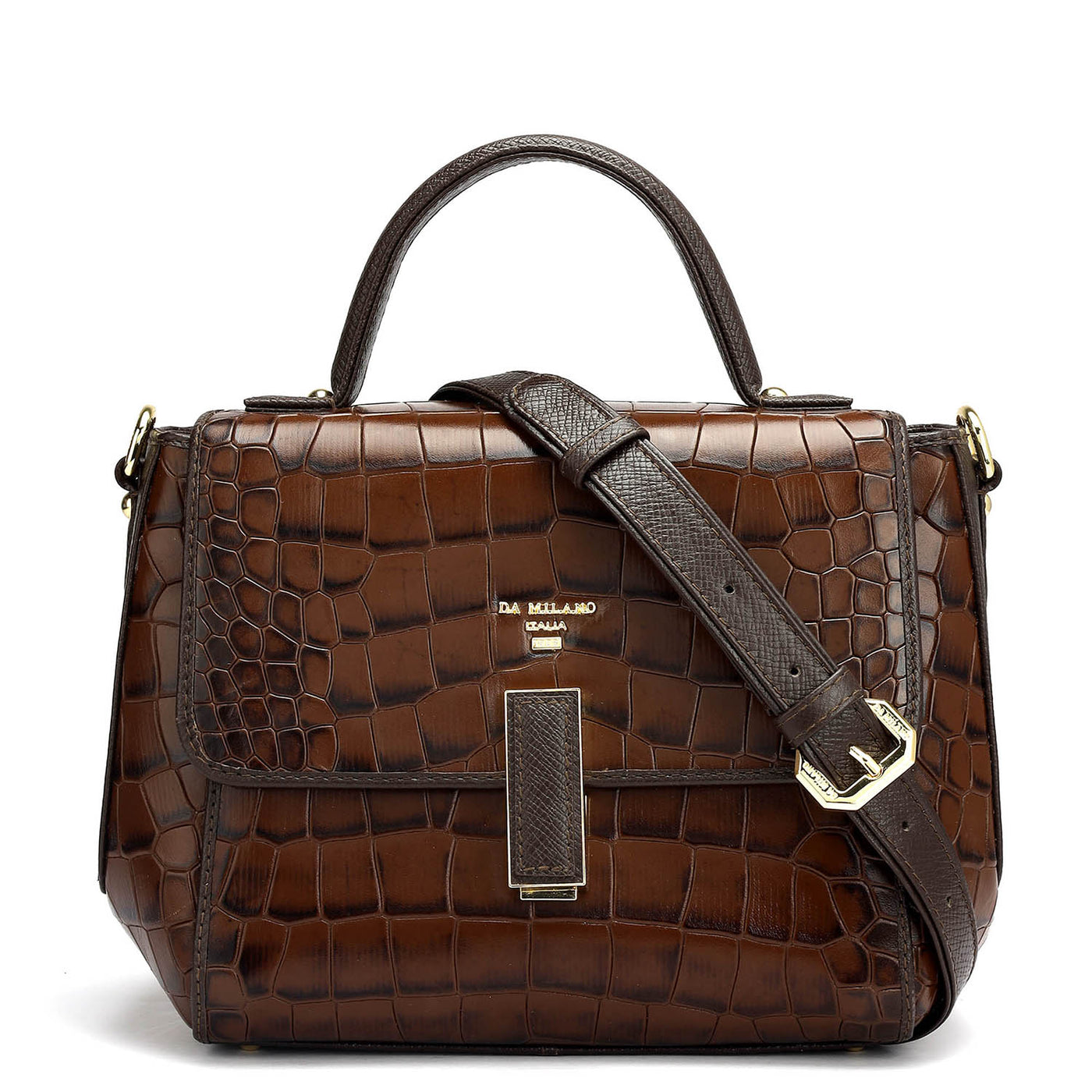 Small Croco Leather Satchel - Brown