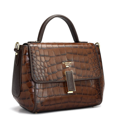 Small Croco Leather Satchel - Brown