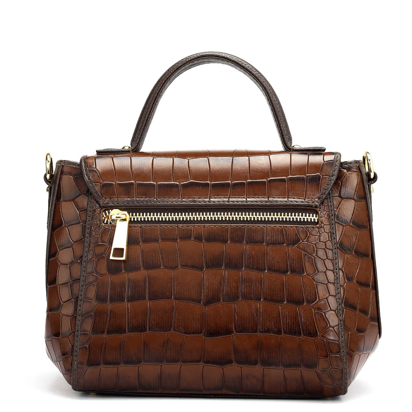 Small Croco Leather Satchel - Brown