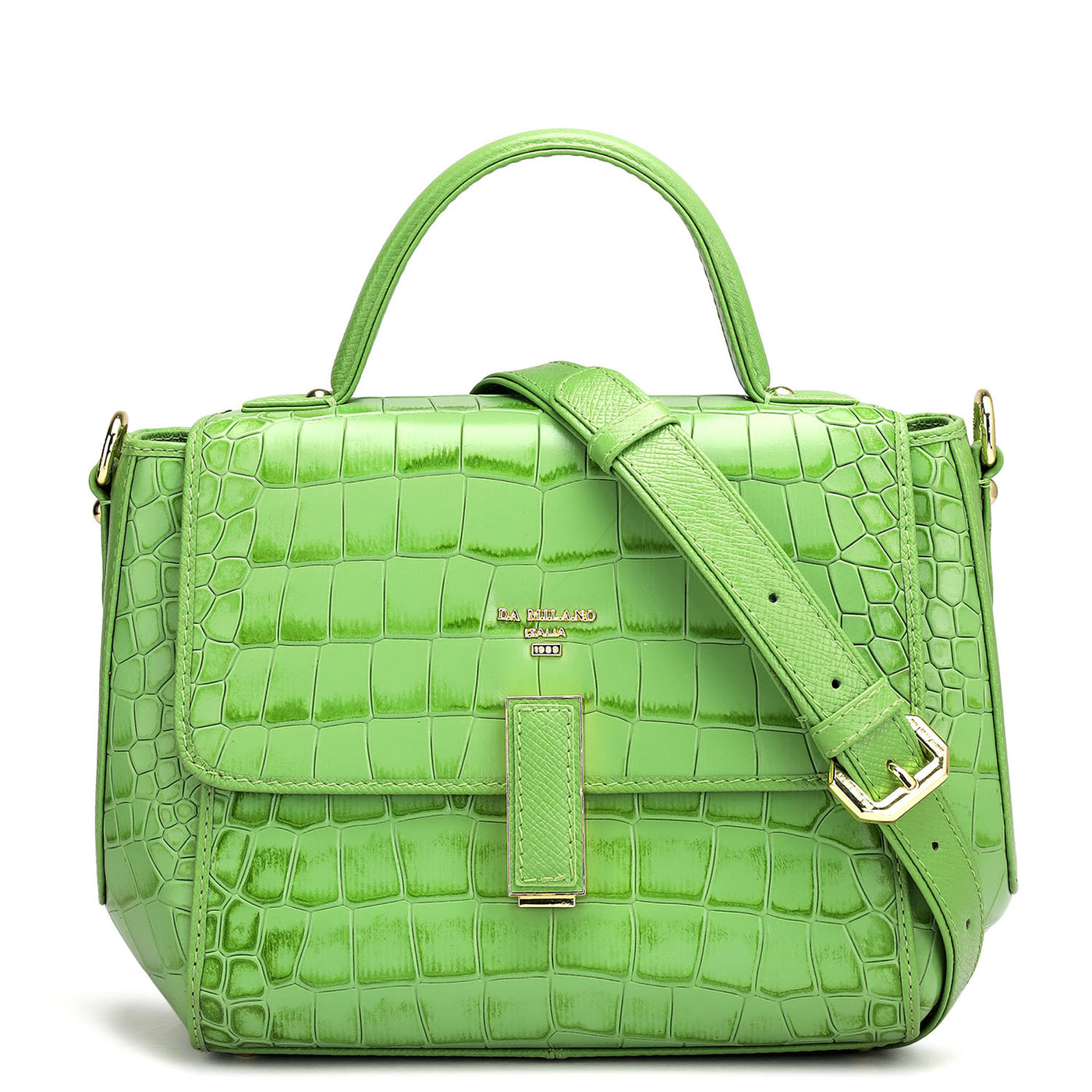 Small Croco Leather Satchel - Kiwi