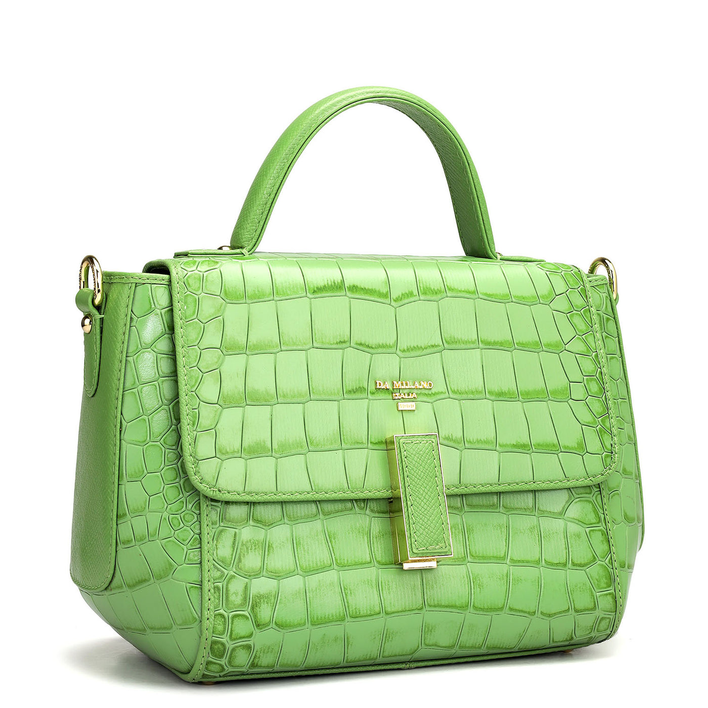 Small Croco Leather Satchel - Kiwi