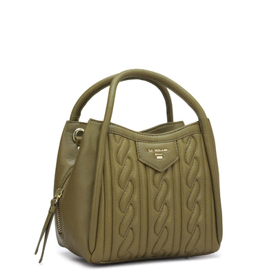 Small Quilting Plain Leather Satchel - Olive