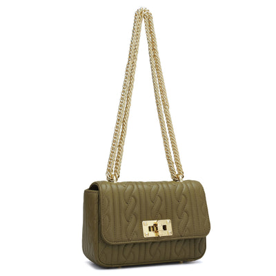 Small Quilting Plain Leather Shoulder Bag - Olive