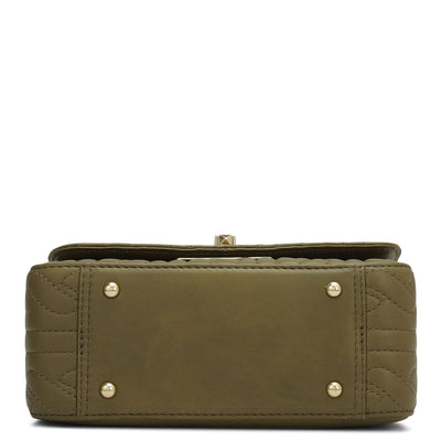 Small Quilting Plain Leather Shoulder Bag - Olive