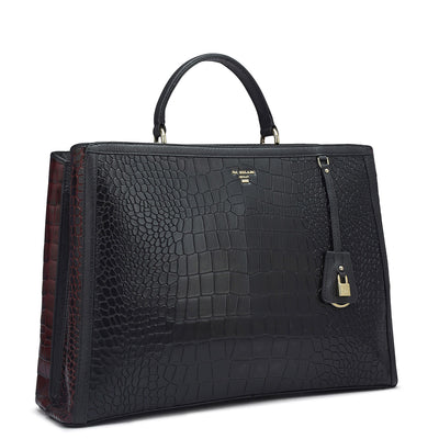 Large Croco Leather Book Tote - Black