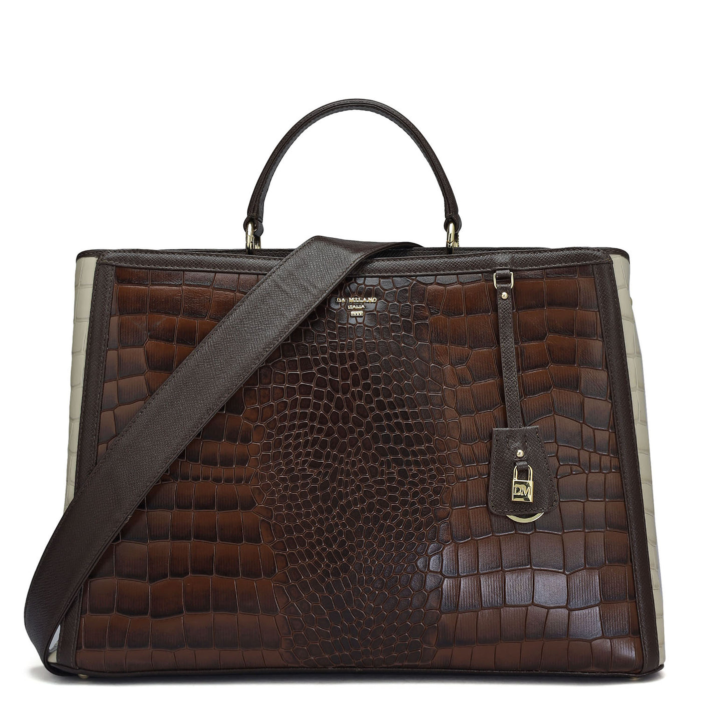 Large Croco Leather Book Tote - Brown