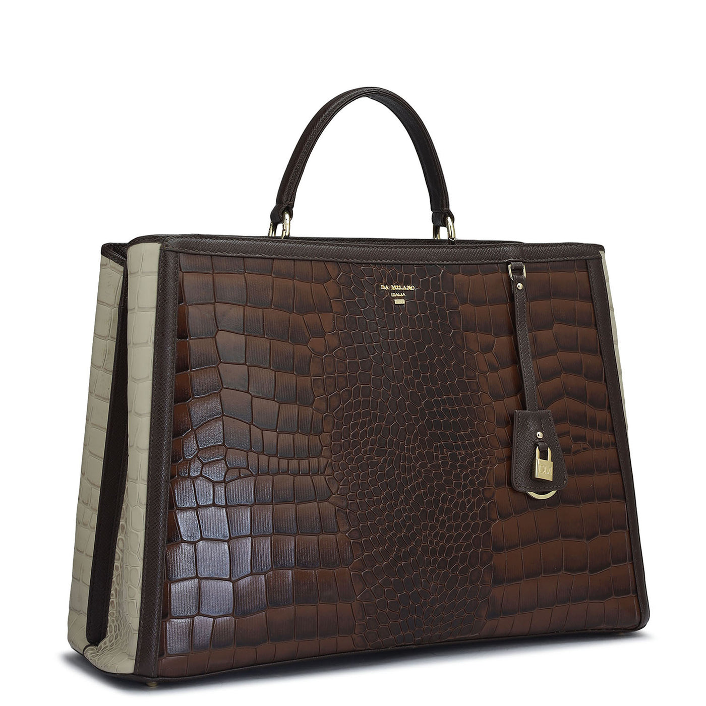 Large Croco Leather Book Tote - Brown