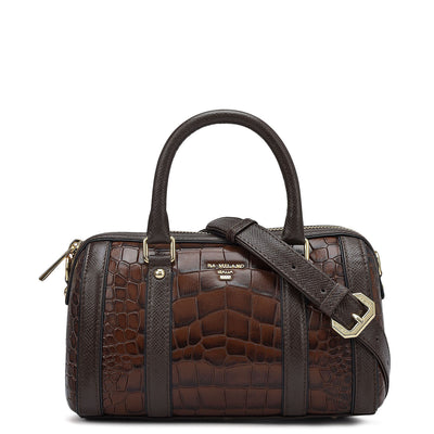 Small Croco Leather Satchel - Brown