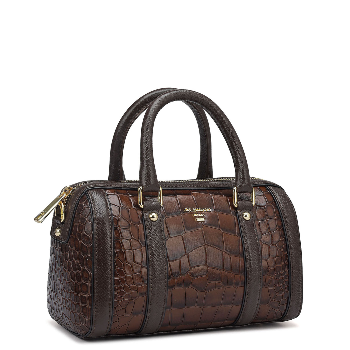 Small Croco Leather Satchel - Brown