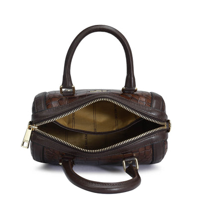 Small Croco Leather Satchel - Brown