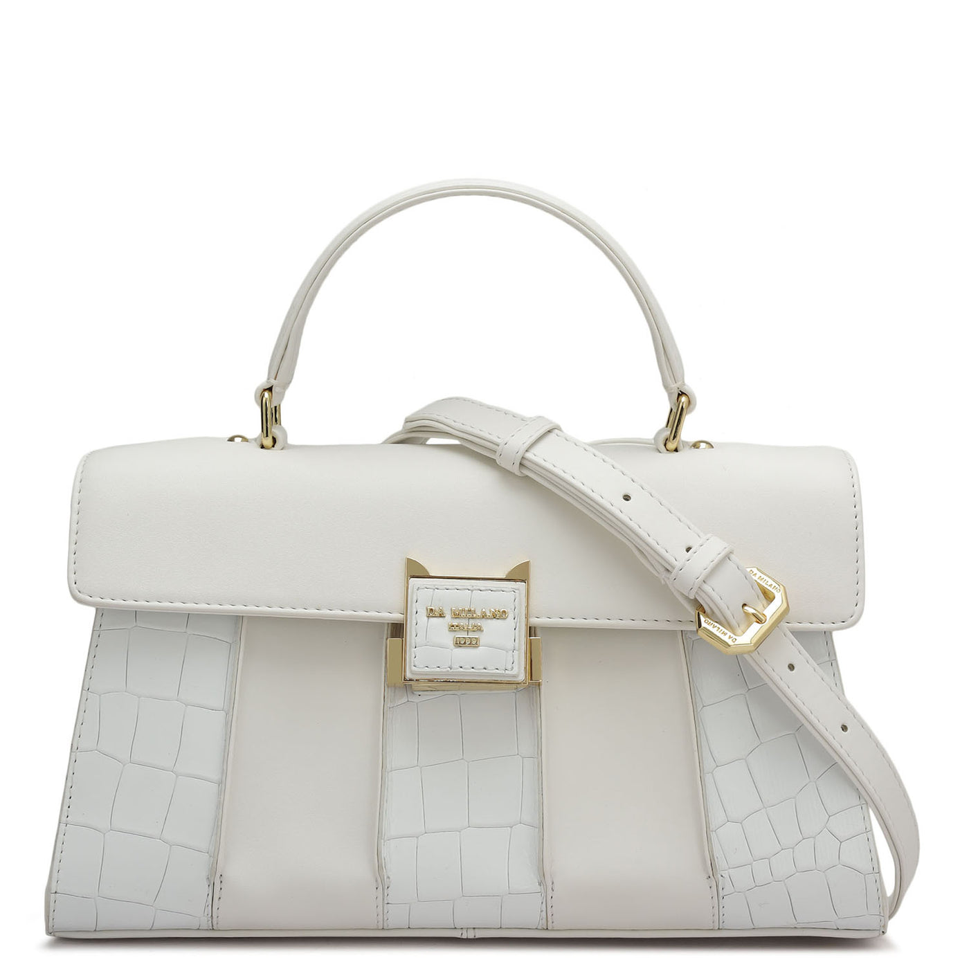 Small Croco Plain Leather Satchel - Snow