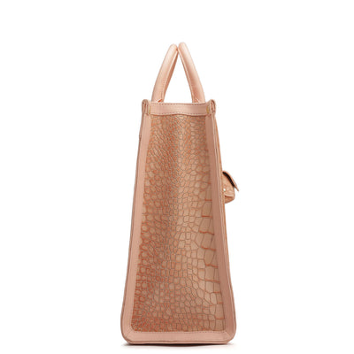 Large Croco Plain Leather Book Tote - Peach