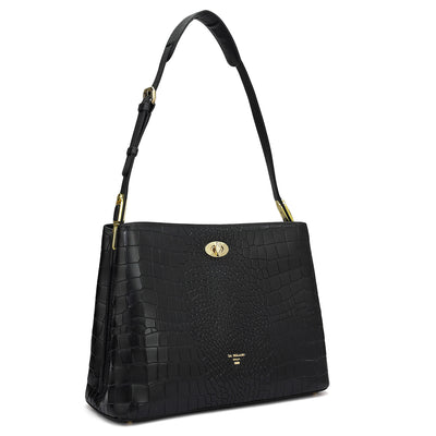 Medium Croco Leather Shoulder Bag - Black