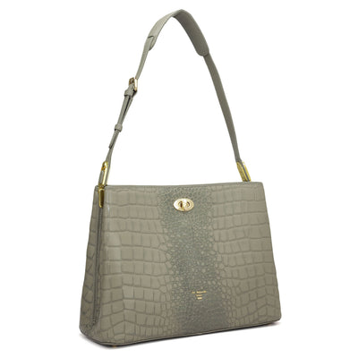 Medium Croco Leather Shoulder Bag - Stone Grey