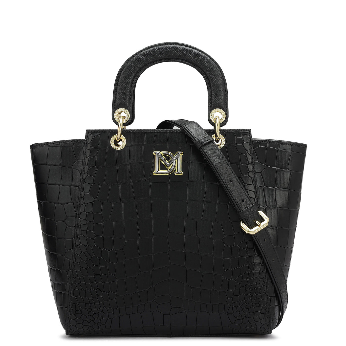 Medium Croco Leather Satchel - Black