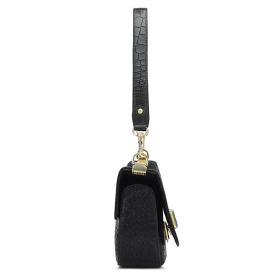 Small Croco Leather Baguette - Black