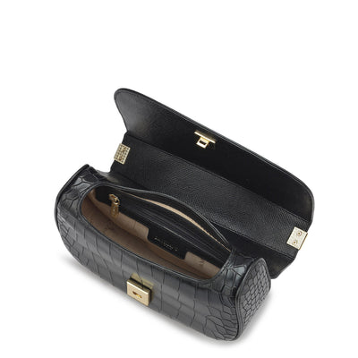 Small Croco Leather Baguette - Black