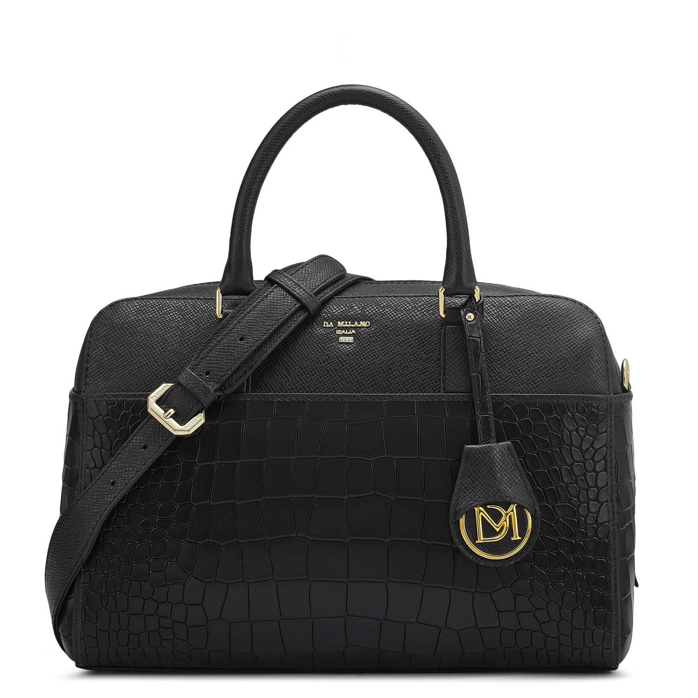 Medium Croco Franzy Leather Satchel - Black