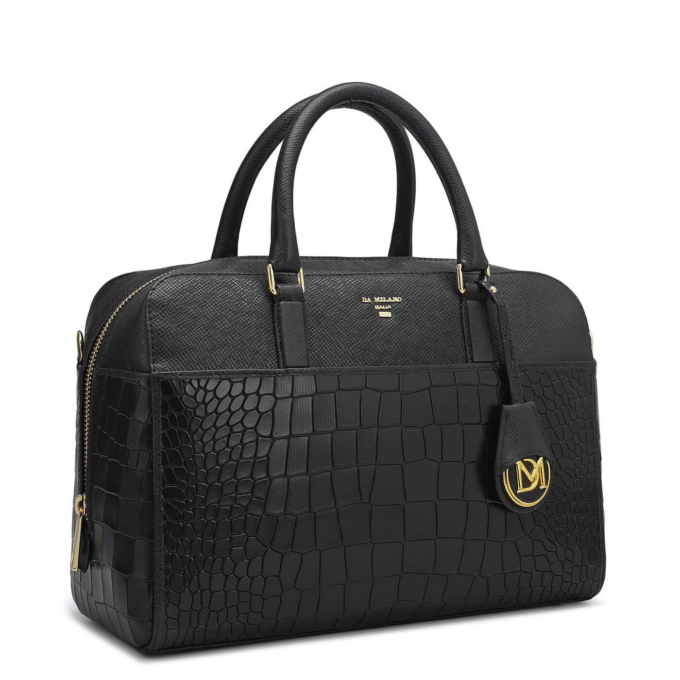 Medium Croco Franzy Leather Satchel - Black