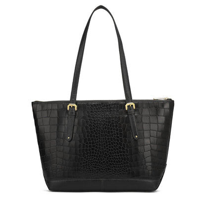 Medium Croco Leather Tote - Black