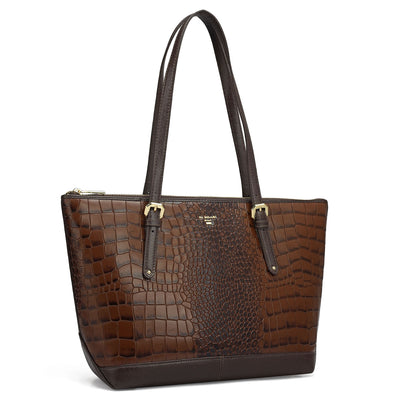 Medium Croco Leather Tote - Brown