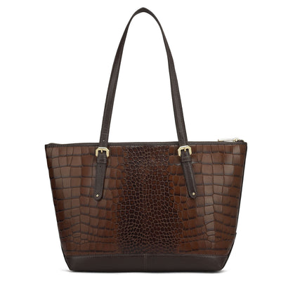 Medium Croco Leather Tote - Brown